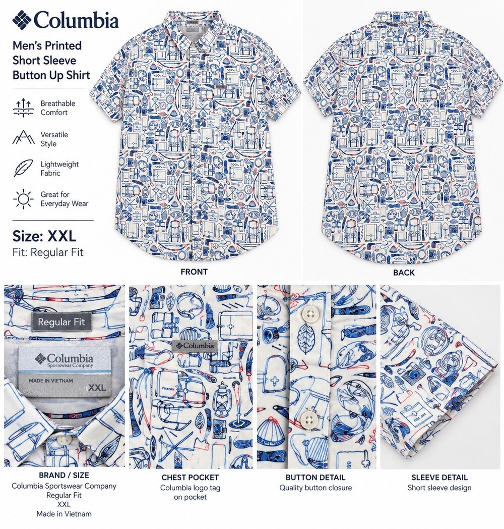Columbia Shirt Mens 2XL White Fish Hunter Print Short Sleeve Button Up Fishing